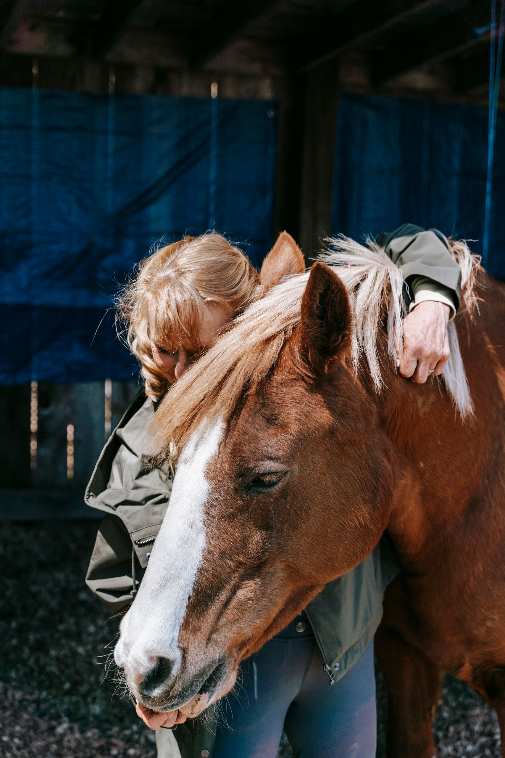 A woman affectionately hugging a horse inside a stable, conveying warmth and connection.